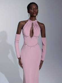 Elitara Elegant Woven Halter Off-Shoulder Mermaid Hem Zipper Dress, Suitable For Evening Parties, Business Events, Afternoon Tea, Birthday Celebrations, Holidays, Weddings, And Other Formal Occasions - Coral Pink - View 5