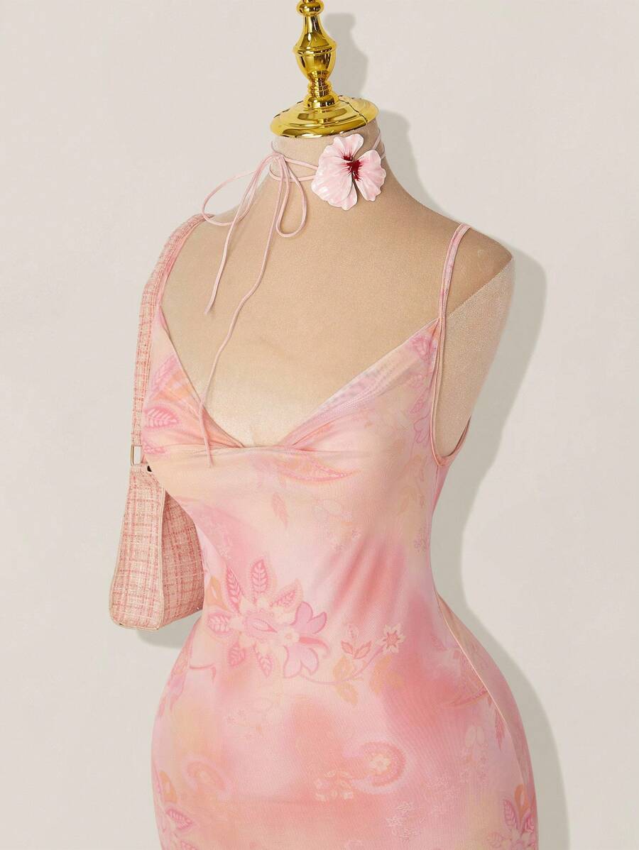 Sweetina 优雅甜美的粉色美人鱼裙，复古细肩带雪纺串珠长礼服，适合舞会和派对 - 粉色 - 查看 1