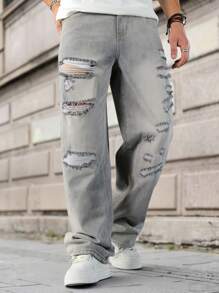 Manfinity Homme Plus Size Men's Casual Washed Distressed Denim Jeans - Grey - View 1