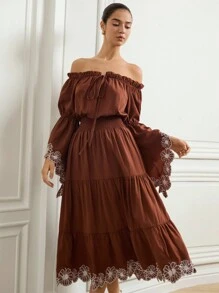 Zanirela Autumn/Winter New Women's Off Shoulder Sleeve Floral Contrast Color Embroidery Ruffle Hem Long Sleeve Vintage Layered Flared Waist Maxi Dress - Brown - View 4