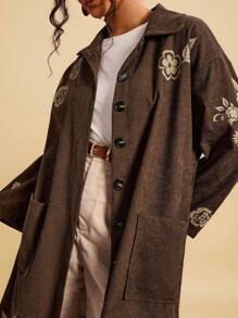 Travachic Áo khoác dài cổ màu nâu in hoa cỡ lớn cho nữ, áo khoác nhung kẻ có túi, trang phục thường ngày cho buổi hòa nhạc đồng quê, nhà thờ, tiệc tùng mùa thu đông, áo khoác cài nút màu nâu cho buổi ra ngoài - Màu nâu  Mocha - Xem 4