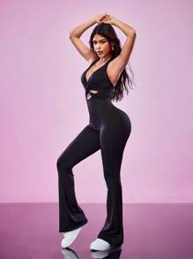 SHEIN Sports Women's Casual Sports Halter Backless Flare Leg Jumpsuit - Black - View 5