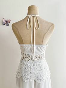 Chiquease Women's 2pcs Set, Hollow Embroidered Patchwork, Bubble Fabric, Solid Color, Fitted, Spaghetti Strap, Sleeveless, Chest Pleated, Open Back, Bowknot Back, Drawstring Waist, Real Pockets, Pleated, Hand-Threaded, Holiday, Festival, Elegant, Casual, Minimalist, Commute, Bohemian Holiday Style, Romantic, Sexy, Luxurious, Women's Spring/Summer Camisole, Women's Spring/Summer Pants, Women's Spring/Summer 2pcs Set All White Clothes For University - White - View 4