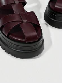 HighSole 女士黑色圆头厚底铆钉一脚蹬拖鞋，休闲时尚街头风格凉鞋 - 酒紅色 - 查看 7