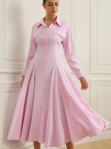 GENKIRA French Retro Waist Flared Split Hem Plaid Shirt Collar Long Sleeve Dress For Women Fall Cloth For Women - Pink - View 1