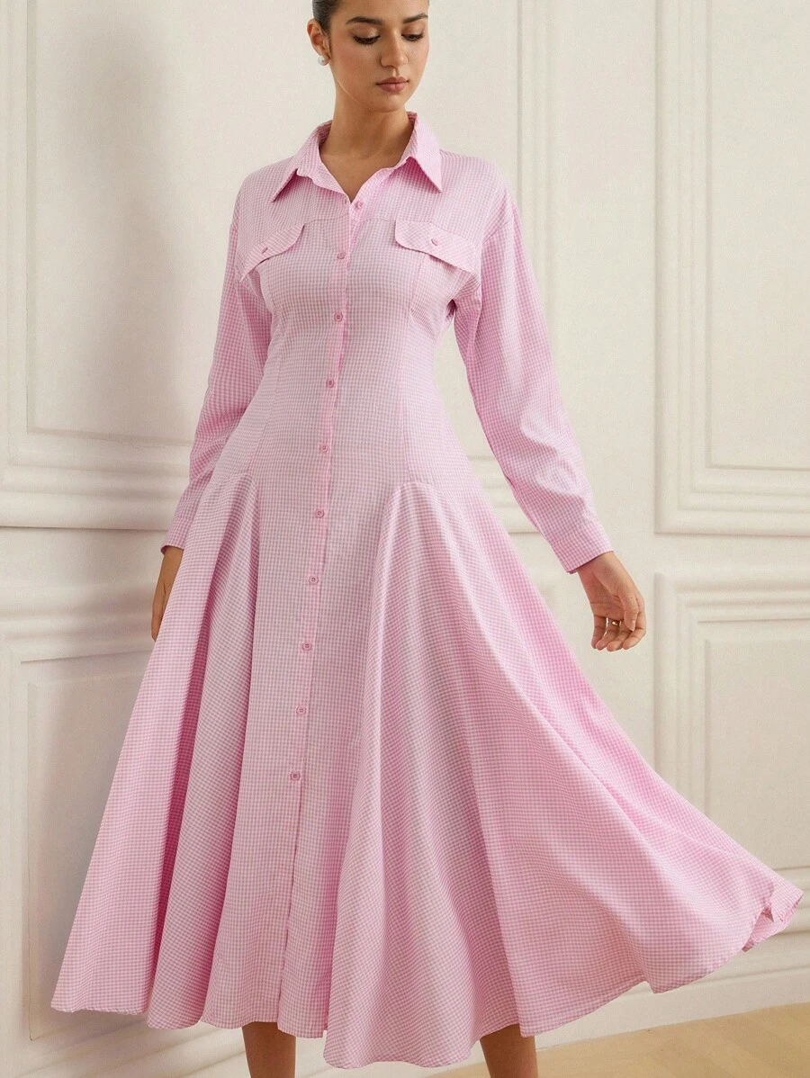 GENKIRA French Retro Waist Flared Split Hem Plaid Shirt Collar Long Sleeve Dress For Women Fall Cloth For Women - Pink - View 1