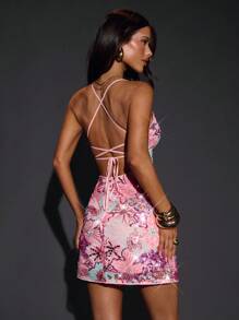 SHEIN BAE 秋季纯粉色纹理刺绣亮片迷你露背性感连衣裙、度假连衣裙、花卉刺绣连衣裙、优雅淑女连衣裙、沙滩裙、音乐节连衣裙、生日连衣裙、派对连衣裙、鸡尾酒会连衣裙、宴会连衣裙