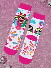 THE POWERPUFF GIRLS X SHEIN 2 đôi tất cổ cao mềm mại, thoáng khí, thấm hút mồ hôi dành cho nữ, họa tiết hoa, bong bóng, hoa mao lương, thời trang và dễ thương, màu trắng và hồng, mũi và gót được gia cố, bền bỉ, phù hợp cho mọi mùa, mọi phong cách - Nhiều màu - Xem 8