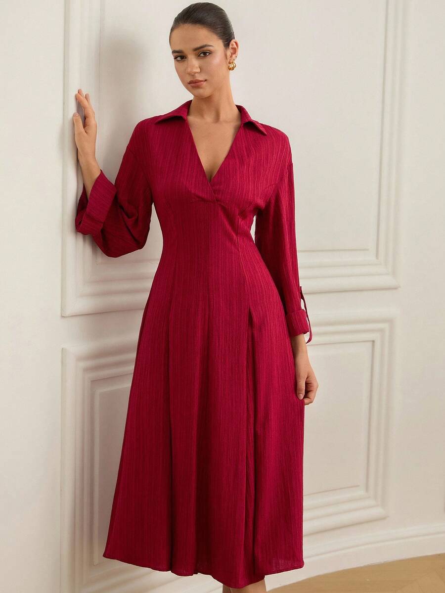 Revavyn Vestido de mujer de manga larga con cuello en V, de tela texturizada, elegante y de lujo para uso diario - Burdeos - Ver 1