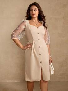 Roveilla Đầm midi ôm sát tay ngắn màu mơ thanh lịch cổ vuông xẻ tà phía trước cho nữ cỡ lớn - Màu be - Xem 5