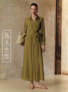 Arave 女士天丝纯色衬衫领全纽扣装饰长袖束腰系带舒适透气休闲连衣裙，适合夏秋季日常、度假、约会、通勤、购物 - 綠色 - 查看 4