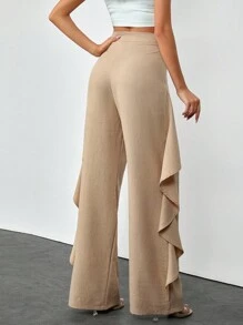 EURMUSE Quần dài cạp cao có khóa kéo, xếp nếp, dáng rộng thoải mái/thanh lịch cho kỳ nghỉ hè - Màu be - Xem 3