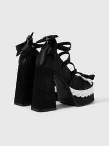 ROMWE Kawaii 女式黑色高跟玛丽珍鞋，带绑带，防水台，洛丽塔哥特式蝴蝶结甜美 JK 风格浅口鞋 - 黑色 - 查看 4