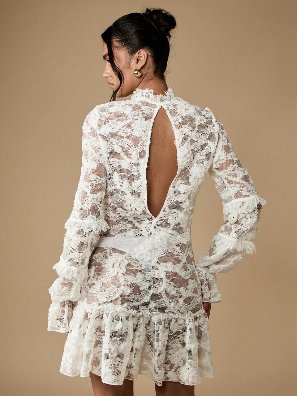 MISSGUIDED Ruffle Lace Mini Dress Long Sleeve Victorian Style Wedding Reception Honeymoon Evening Party Special Occasion Bridesmaid
