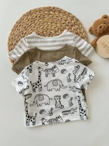 3-Piece Soft Knit Crew Neck Short Sleeve Tops Set For Baby Boy Or Baby Girl Graphic - Green - View 2