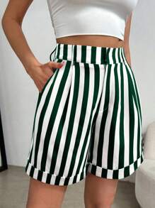 SHEIN Clasi 大码女式高腰条纹口袋褶皱宽松短裤 - 綠色 - 查看 6