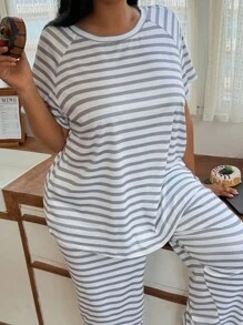 Lazeform Plus Size Striped Print Raglan Sleeve Casual Loungewear Pajama Set, Outfits - Light Grey - View 9