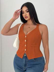 SHEIN Unity Plus Size Women Solid Color Cinched Waist Top Camisole - Orange - View 4