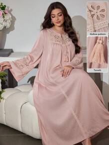 Al Najma V-Neck Tie Sleeve Embroidered Flare Dress, Spring Autumn - Pink - View 3