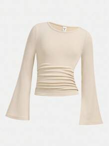 Girlism Tween Girl Multicolor Fall Rib-Knit T-Shirts With Flare Sleeves And Boat Neckline, Long Sleeve Crop Top, 3 Packs Top Winter