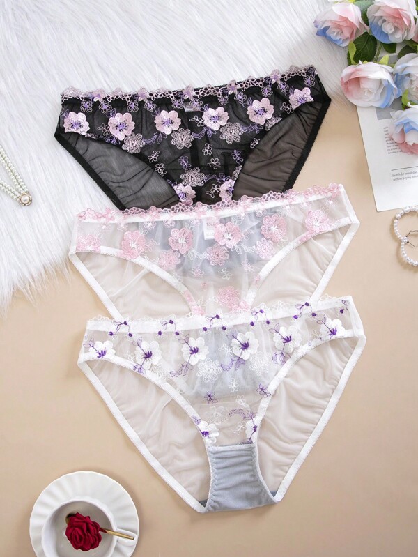 SHEIN 3pcs/Set Plus Size Romantic Floral Embroidery Mesh Panties Floral Sheer Panties Women Underwear Pack Pack Of Panties High Waist Panties Plus Size Panties