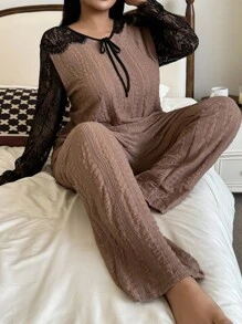 SHEIN Große Größen Spitze Patchwork Langarm Top & Hose Pyjama Set, Outfits, Herbstkleidung - Kaffeebraun - Übersicht 1