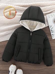 年轻女孩冬季新款黑色拉链连帽保暖内衬加厚真口袋休闲经典棉服外套，秋冬 - 黑色 - 查看 3