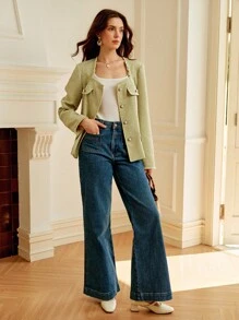 Penseblé Elegant Sage Green Autumn Tweed Long Sleeve Jacket For Women,Faux Pearl Buttons Square Collar Fall Cloth,Suitable For Tea Party,Banquet & Wedding - Green - View 4