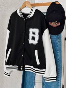 INAWLY 女式字母贴花撞色前扣休闲长袖夹克 - 黑與白 - 查看 5