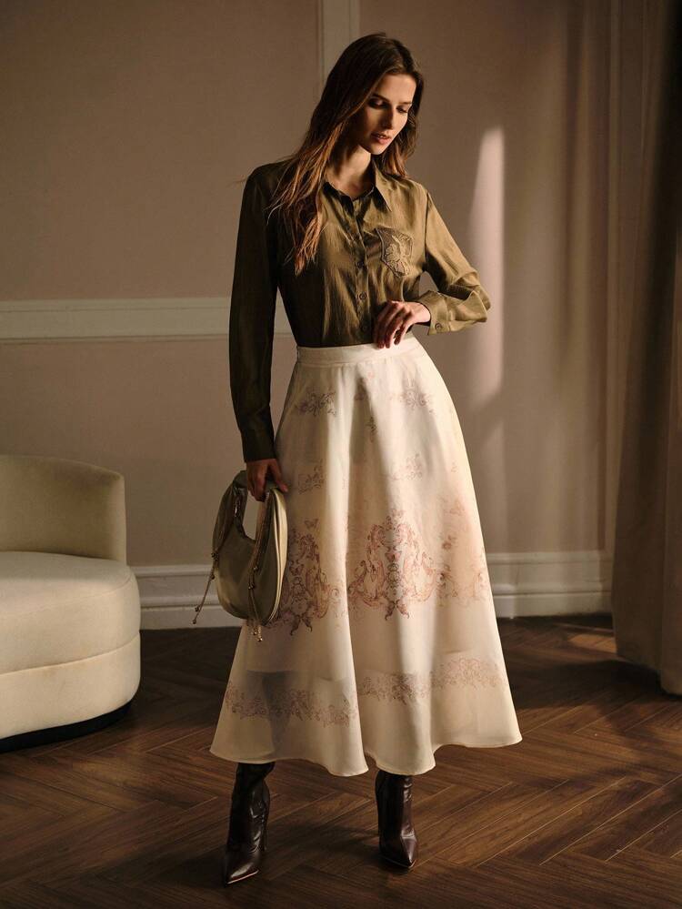 DAMASK PRINT ZIPPER SIDE FLARE SKIRT