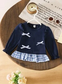 SHEIN Süßes Baby Mädchen Langarm Shirt mit Schleife, Puffärmel, Navy Blau, Herbst/Winter