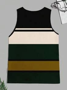 Solurane Men's Summer Letter & Stripe Print Round Neck Casual Tank Top - Dark Green - View 5