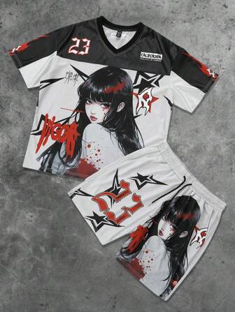 Anime Men's Japan Style Football & Cartoon Girl Graphic Print T-Shirt And Shorts Casual Suit