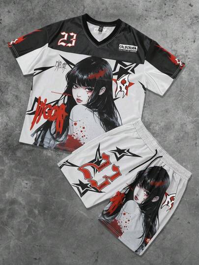 Anime بدلة رياضية كاجوال مكونة من تي شيرت مطبوع بطباعة كرة القدم والفتاة الكرتونية وشورت