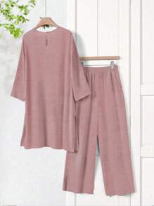 Rusticease Women Solid Color Round Neck Short Sleeve Top And Flower Print Wide Leg Pants Set For Summer Two Pieces Outfits - Pink - View 5