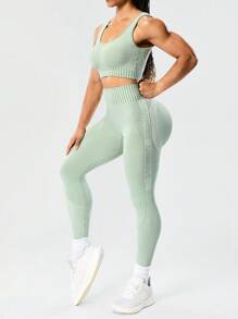 Seamluxe SHEIN Sport Conjunto Esportivo Feminino com Regata Verde Sem Costura de Gola Redonda e Calça com Cintura Elástica, Conjunto Atlético para Academia e Exercícios