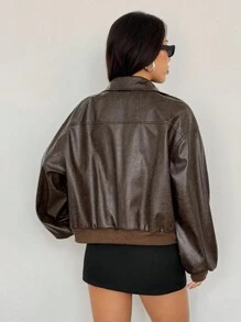 SHEIN PETITE Women's Solid Color Drop Shoulder Long Sleeve Zipper Front PU Leather Casual Jacket Brown Leather Jacket In Fall/Winter,Brown Jacket - Brown - View 2