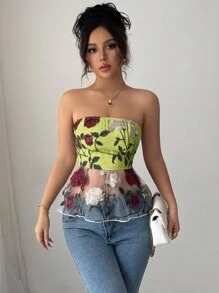 Elenzga 春夏季女士花卉刺绣拼布不对称下摆浪漫度假抹胸 - 橄欖綠 - 查看 4