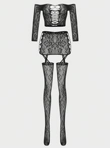 2pcs/Set Women Sexy Open Shoulder Lingerie Set For Going Out - Black - View 6