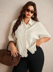 Elaquor 大码休闲蕾丝拼布长袖开衫衬衫 - 杏色 - 查看 5