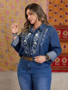EMERY ROSE Plus Size Women Casual Embroidered Denim Blouse Fall Cloth For Women - Dark Wash - View 3