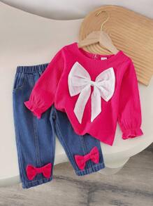 SHEIN Playful Pals Bộ quần denim dài tay in hình bướm màu đỏ mận giản dị cho bé gái mùa thu/đông - Màu Hồng Tươi - Xem 1