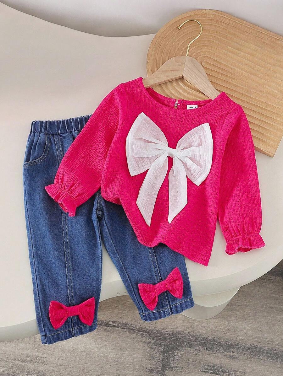 SHEIN Playful Pals Bộ quần denim dài tay in hình bướm màu đỏ mận giản dị cho bé gái mùa thu/đông - Màu Hồng Tươi - Xem 1