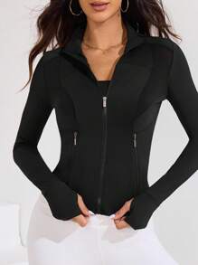 Easithlete 纯色前拉链修身透气运动夹克 - 黑色 - 查看 5