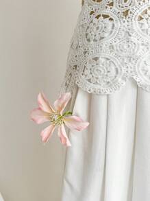 Chiquease Women's 2pcs Set, Hollow Embroidered Patchwork, Bubble Fabric, Solid Color, Fitted, Spaghetti Strap, Sleeveless, Chest Pleated, Open Back, Bowknot Back, Drawstring Waist, Real Pockets, Pleated, Hand-Threaded, Holiday, Festival, Elegant, Casual, Minimalist, Commute, Bohemian Holiday Style, Romantic, Sexy, Luxurious, Women's Spring/Summer Camisole, Women's Spring/Summer Pants, Women's Spring/Summer 2pcs Set All White Clothes For University - White - View 5