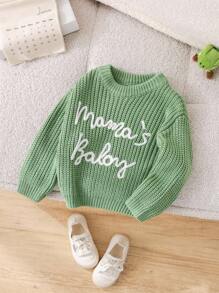SHEIN 男婴柔软舒适休闲百搭可爱字母图案绿色圆领长袖套头衫，适合室内、户外、休闲、运动、玩耍、派对、拍照、度假、四季针织套头衫，秋冬季 - 綠色 - 查看 2