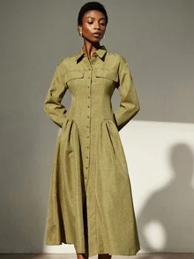 Aveloria Modichic فستان طويل بتصميم أخضر ليموني جمالي، مزين بجيوب وتصميم شق جانبي مزدوج، مناسب للتجول في المعارض الفنية وزيارة المقاهي - أخضر - مشاهدة 3