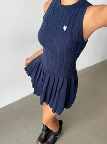 Aloruh Women's Fall Women Clothes Elegant Vintage Coin Embroidered Round Neck Pleated Sleeveless Sweater Mini Dress, Navy Blue - Navy Blue - View 3