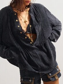 Bohemela 女士复古休闲波西米亚风黑色纯色圆领半开襟宽松长袖水洗宽松衬衫，复古西部乡村风格，适合音乐会、度假、外出、返校等场合，秋冬季穿着。 - 黑色 - 查看 6