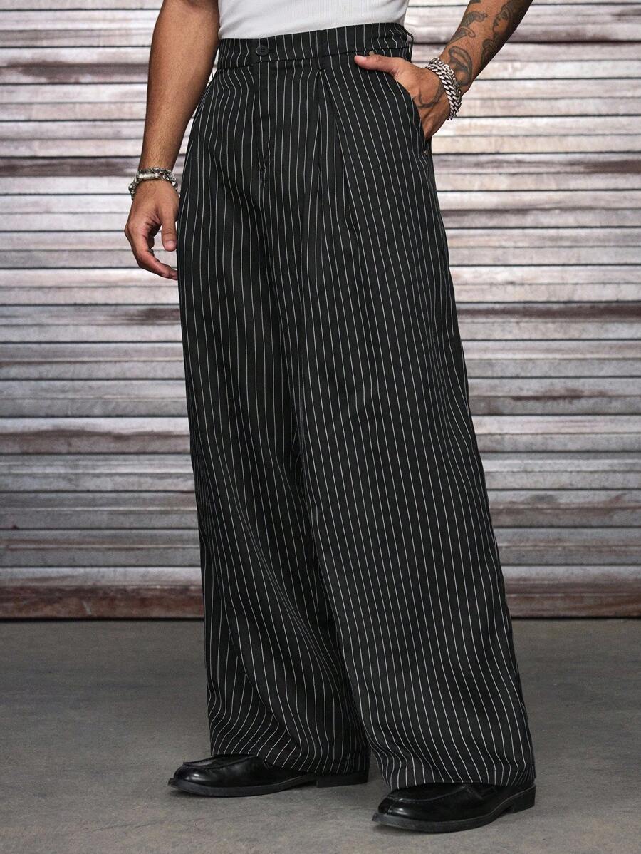 AXEPEAK 大码男士休闲日常通勤条纹侧袋阔腿裤 - 黑色 - 查看 1